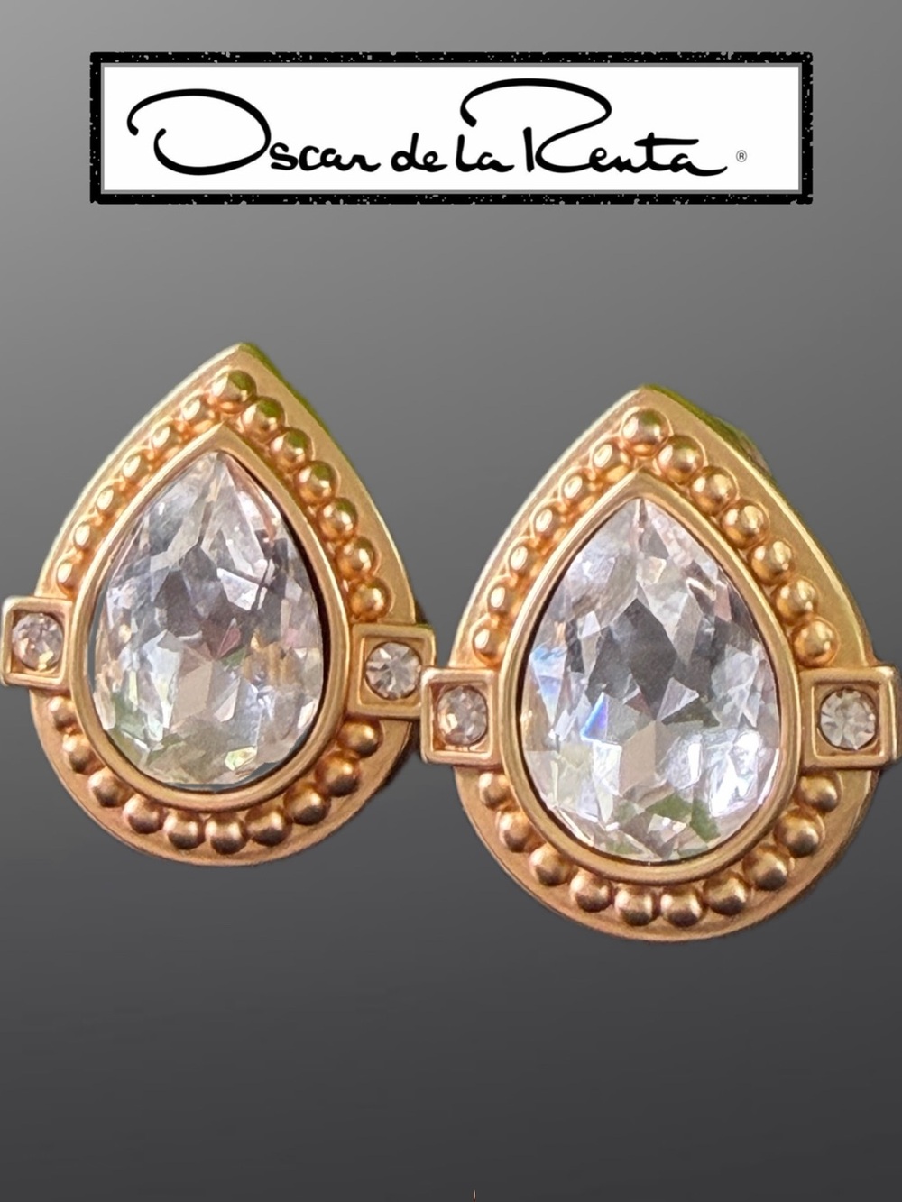 Oscar de la Renta Teardrop Earrings ✨ CLIP-ON Clear Crystal ✨Museum Gold finish